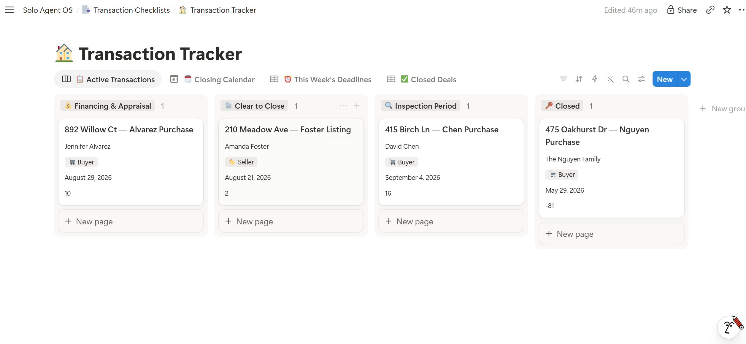 Transaction tracker — every open deal by stage, with days to close